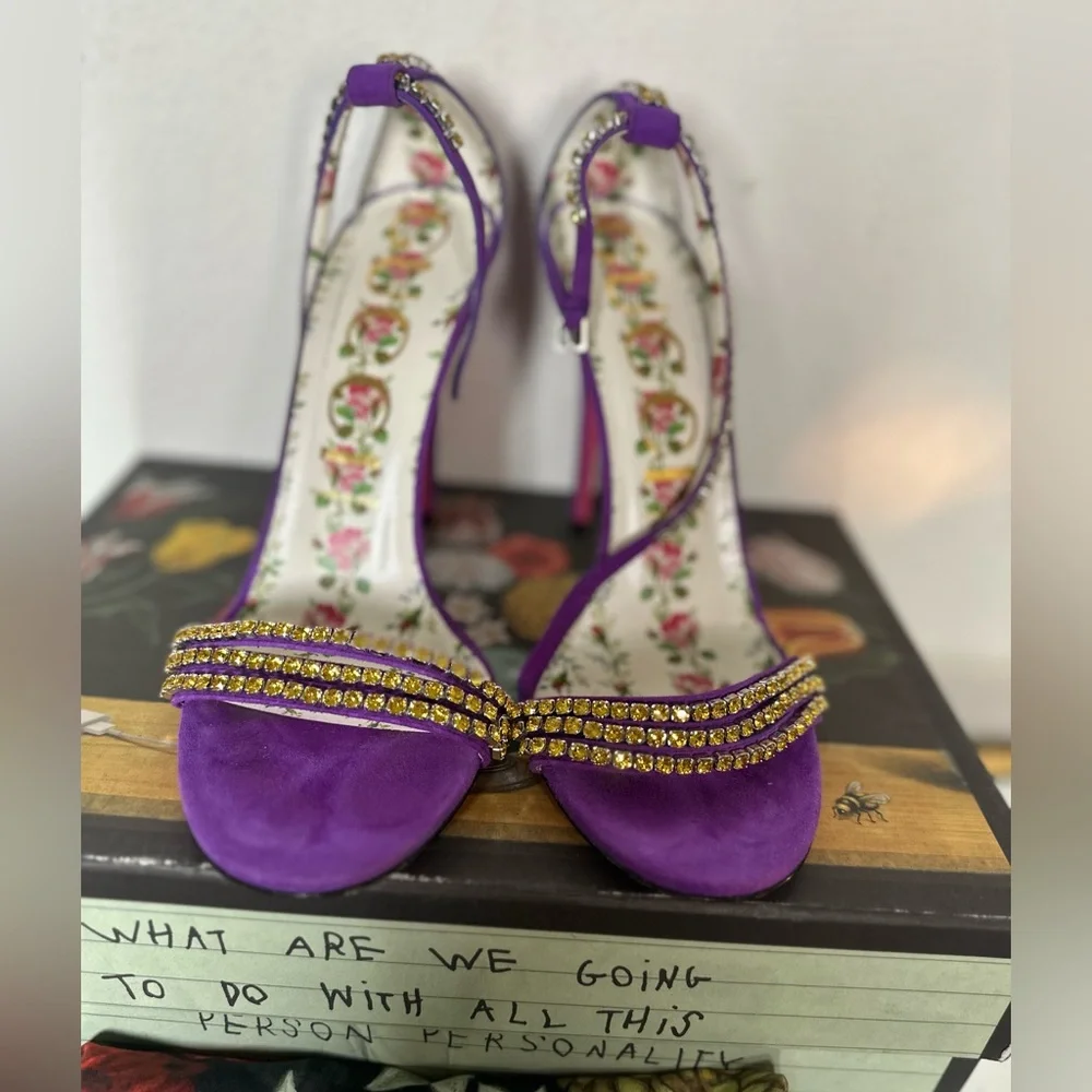 Gucci Kid Scamosciato Crystal Ankle Strap High Heel - Picture 2 of 5